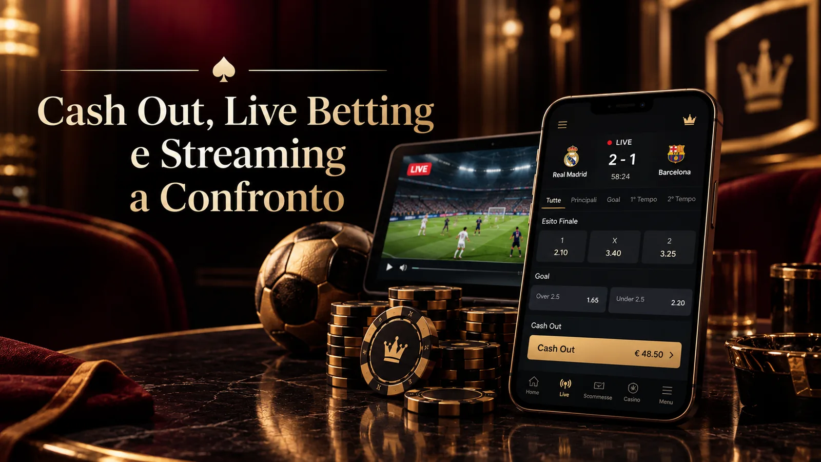 Partita in diretta con quote live e pulsante Cash Out su smartphone, accanto a un tablet che trasmette l'evento in streaming
