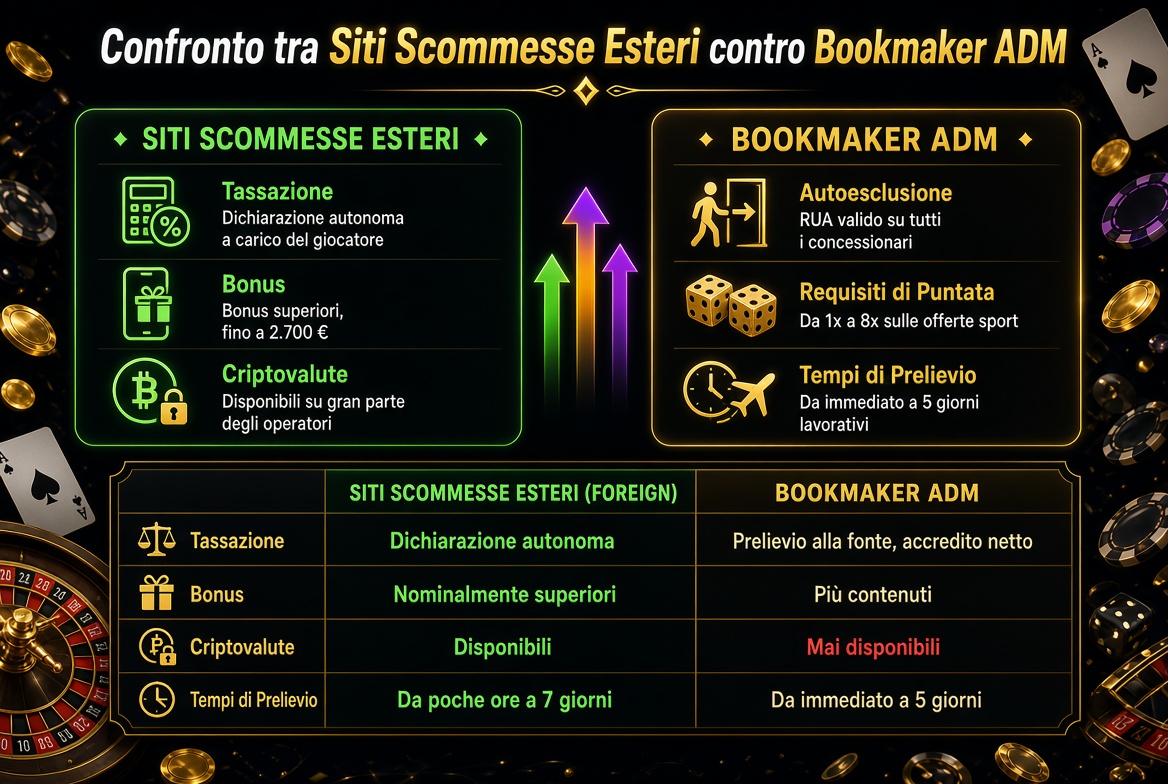Confronto tra siti scommesse esteri e bookmaker ADM su tassazione, bonus, criptovalute, autoesclusione, requisiti di puntata e tempi di prelievo